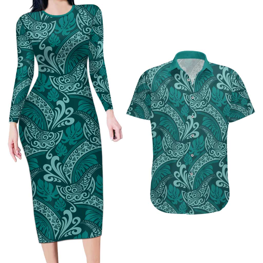 Teal Monstera Couples Matching Long Sleeve Bodycon Dress and Hawaiian Shirt Polynesian Tribal Pattern LT01 Teal - Polynesian Pride