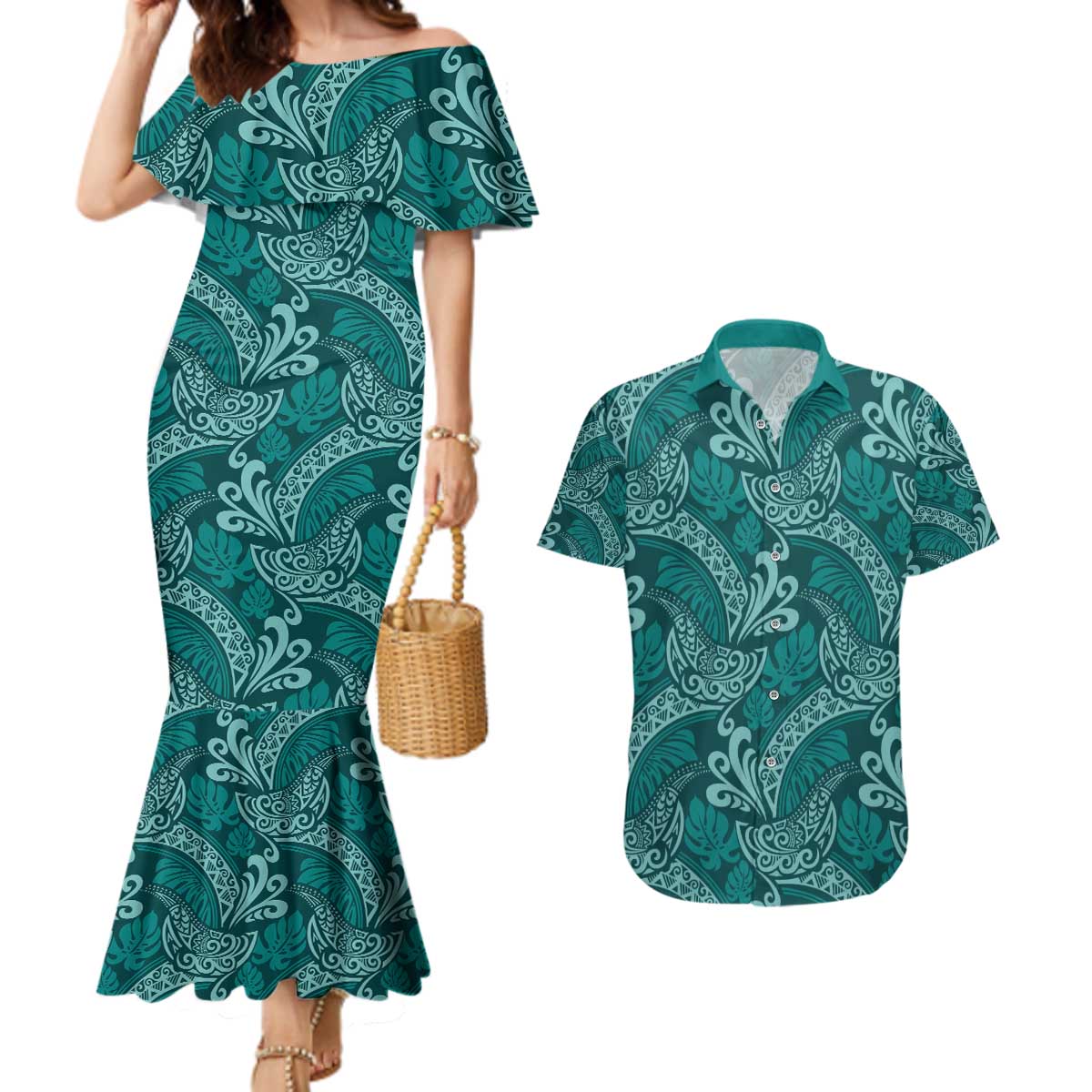 Teal Monstera Couples Matching Mermaid Dress and Hawaiian Shirt Polynesian Tribal Pattern LT01 Teal - Polynesian Pride