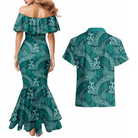 Teal Monstera Couples Matching Mermaid Dress and Hawaiian Shirt Polynesian Tribal Pattern - Polynesian Pride
