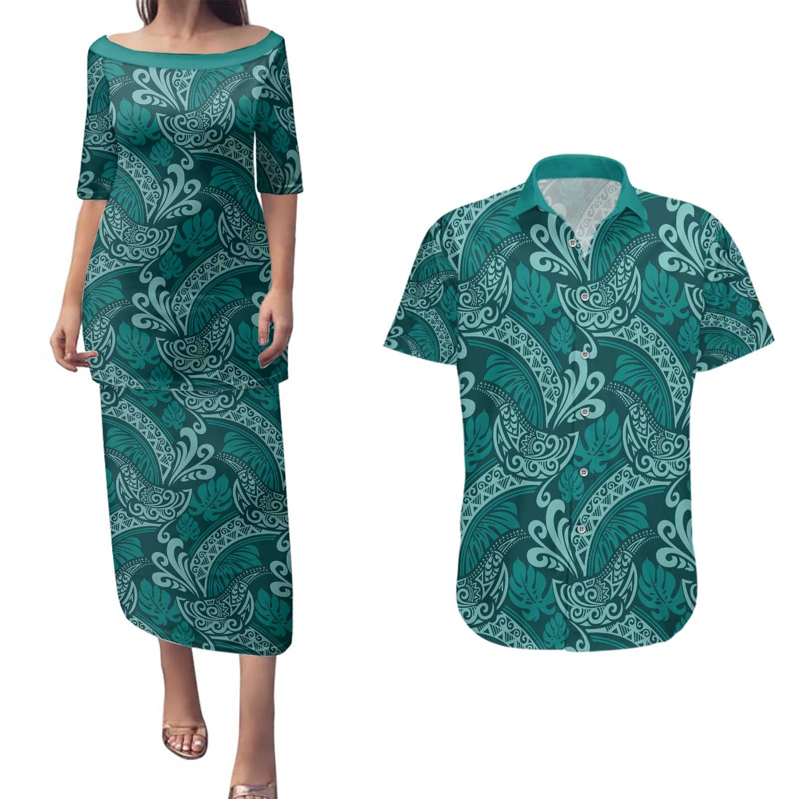 Teal Monstera Couples Matching Puletasi and Hawaiian Shirt Polynesian Tribal Pattern LT01 Teal - Polynesian Pride