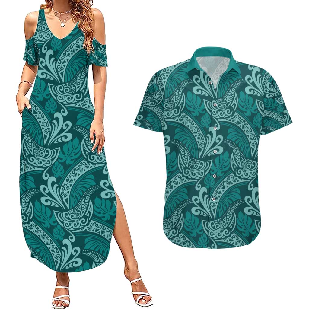 Teal Monstera Couples Matching Summer Maxi Dress and Hawaiian Shirt Polynesian Tribal Pattern LT01 Teal - Polynesian Pride