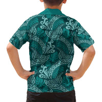 Teal Monstera Family Matching Long Sleeve Bodycon Dress and Hawaiian Shirt Polynesian Tribal Pattern LT01 - Polynesian Pride