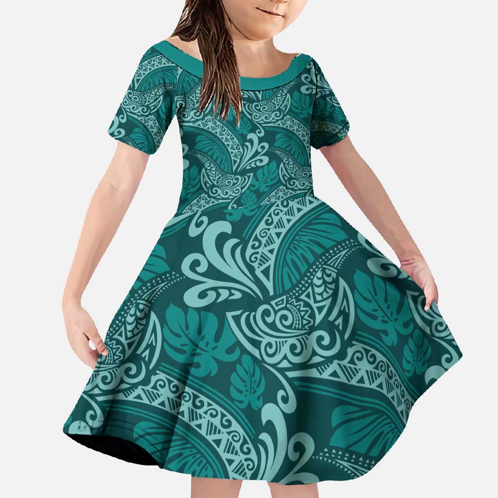 Teal Monstera Family Matching Long Sleeve Bodycon Dress and Hawaiian Shirt Polynesian Tribal Pattern LT01 Daughter's Dress Teal - Polynesian Pride