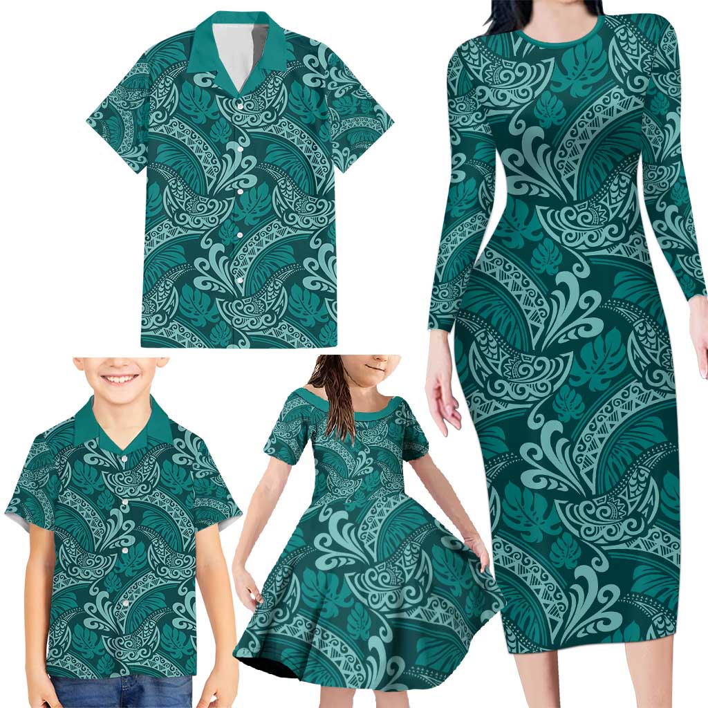 Teal Monstera Family Matching Long Sleeve Bodycon Dress and Hawaiian Shirt Polynesian Tribal Pattern LT01 - Polynesian Pride