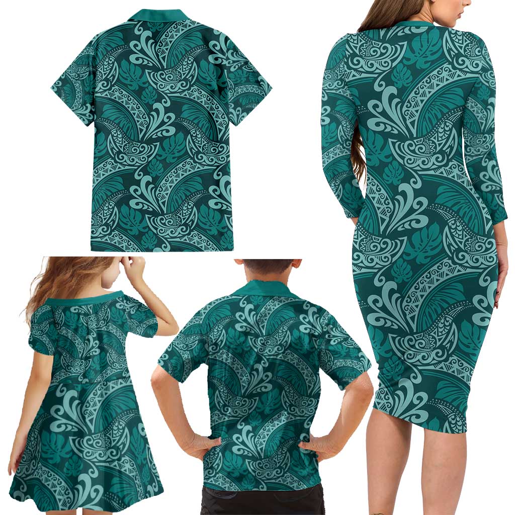 Teal Monstera Family Matching Long Sleeve Bodycon Dress and Hawaiian Shirt Polynesian Tribal Pattern LT01 - Polynesian Pride