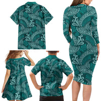 Teal Monstera Family Matching Long Sleeve Bodycon Dress and Hawaiian Shirt Polynesian Tribal Pattern LT01 - Polynesian Pride