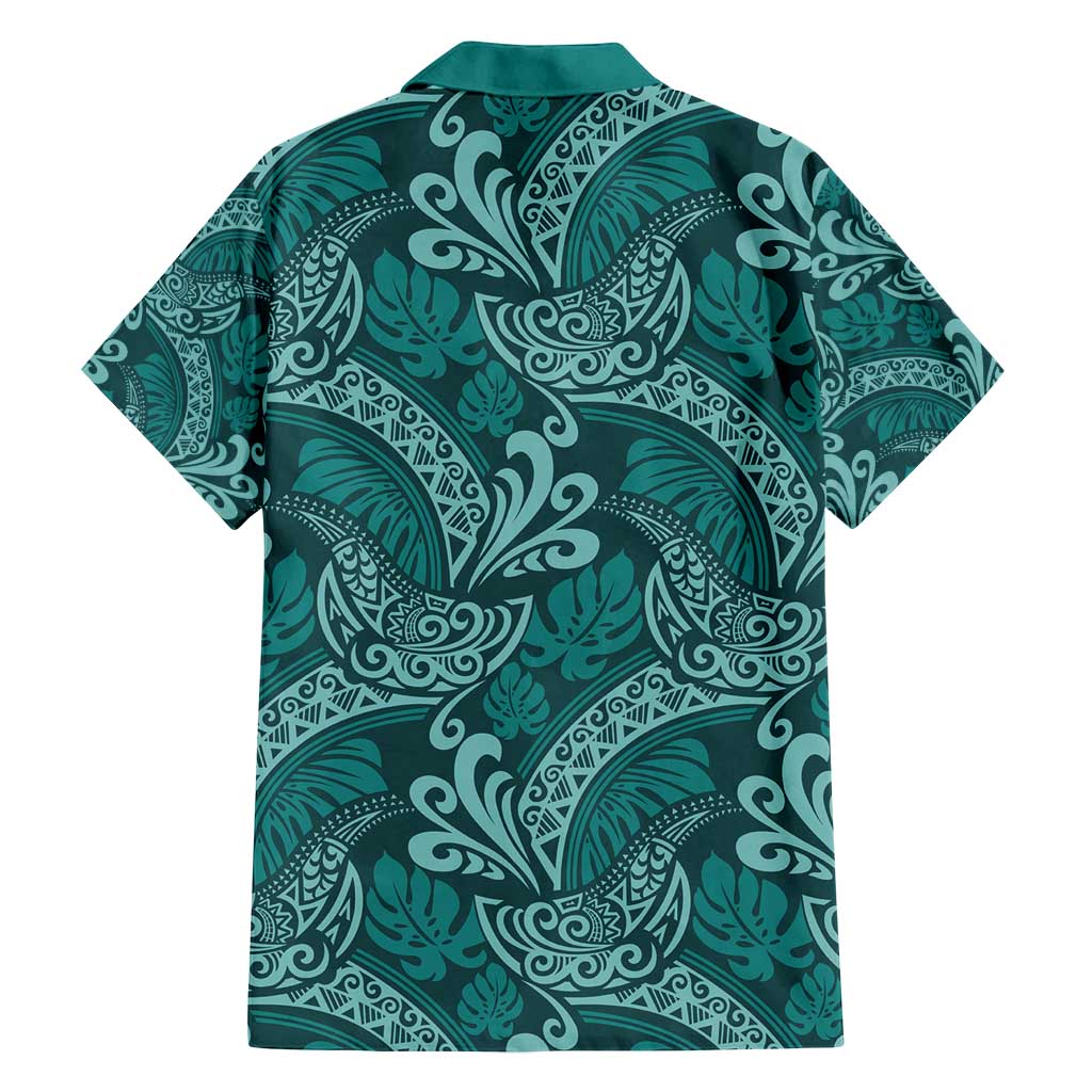Teal Monstera Family Matching Long Sleeve Bodycon Dress and Hawaiian Shirt Polynesian Tribal Pattern LT01 - Polynesian Pride