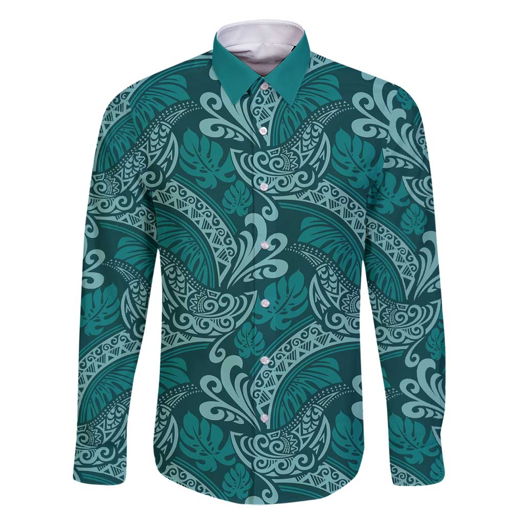 Teal Monstera Family Matching Long Sleeve Bodycon Dress and Hawaiian Shirt Polynesian Tribal Pattern LT01 Dad's Shirt - Long Sleeve Teal - Polynesian Pride