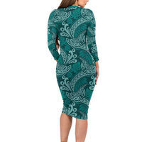 Teal Monstera Family Matching Long Sleeve Bodycon Dress and Hawaiian Shirt Polynesian Tribal Pattern LT01 - Polynesian Pride