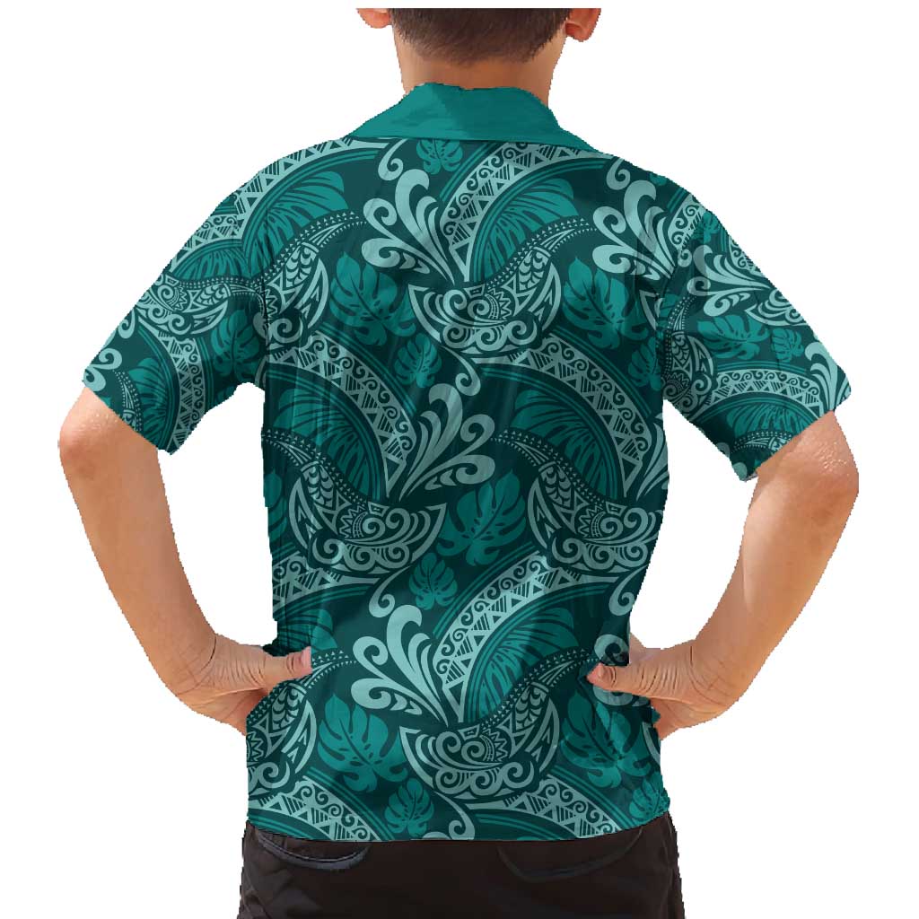 Teal Monstera Family Matching Mermaid Dress and Hawaiian Shirt Polynesian Tribal Pattern LT01 - Polynesian Pride
