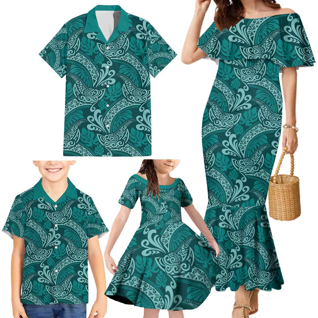 Teal Monstera Family Matching Mermaid Dress and Hawaiian Shirt Polynesian Tribal Pattern LT01 - Polynesian Pride