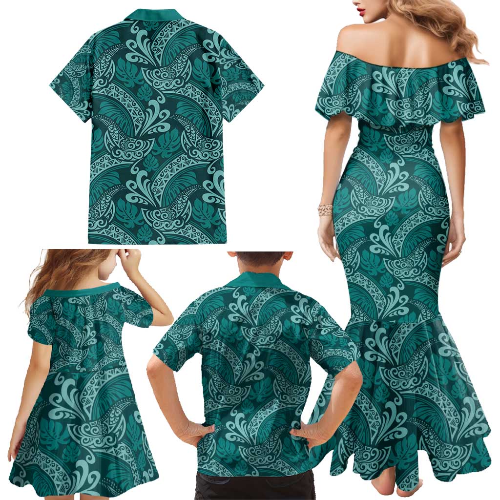 Teal Monstera Family Matching Mermaid Dress and Hawaiian Shirt Polynesian Tribal Pattern LT01 - Polynesian Pride