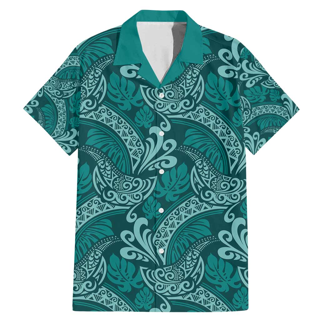 Teal Monstera Family Matching Mermaid Dress and Hawaiian Shirt Polynesian Tribal Pattern LT01 Dad's Shirt - Short Sleeve Teal - Polynesian Pride