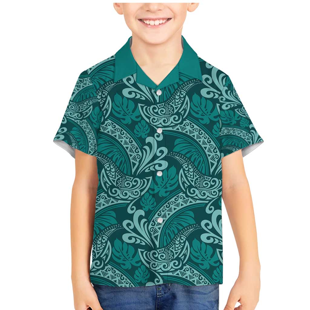 Teal Monstera Family Matching Mermaid Dress and Hawaiian Shirt Polynesian Tribal Pattern LT01 Son's Shirt Teal - Polynesian Pride