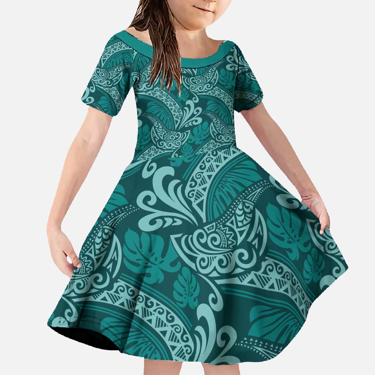 Teal Monstera Family Matching Off The Shoulder Long Sleeve Dress and Hawaiian Shirt Polynesian Tribal Pattern LT01 Daughter's Dress Teal - Polynesian Pride