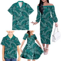 Teal Monstera Family Matching Off The Shoulder Long Sleeve Dress and Hawaiian Shirt Polynesian Tribal Pattern LT01 - Polynesian Pride