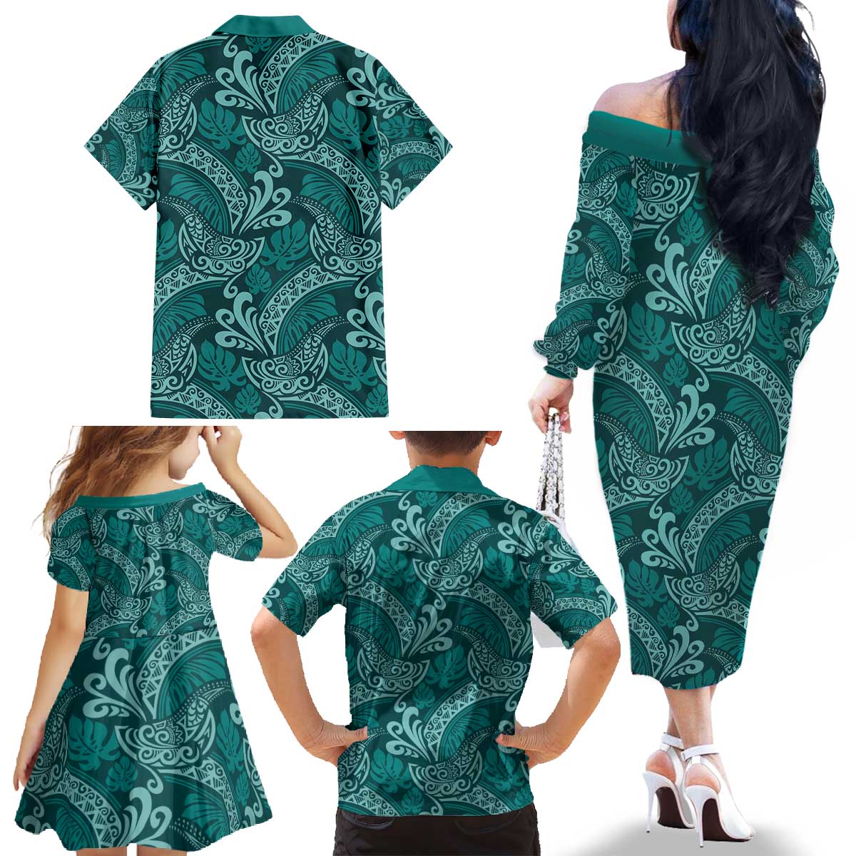 Teal Monstera Family Matching Off The Shoulder Long Sleeve Dress and Hawaiian Shirt Polynesian Tribal Pattern LT01 - Polynesian Pride