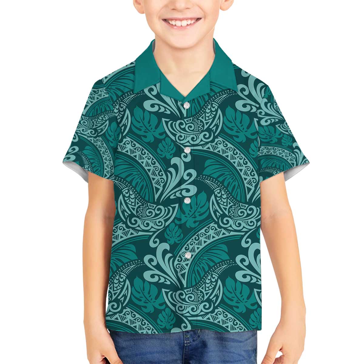 Teal Monstera Family Matching Off The Shoulder Long Sleeve Dress and Hawaiian Shirt Polynesian Tribal Pattern LT01 Son's Shirt Teal - Polynesian Pride