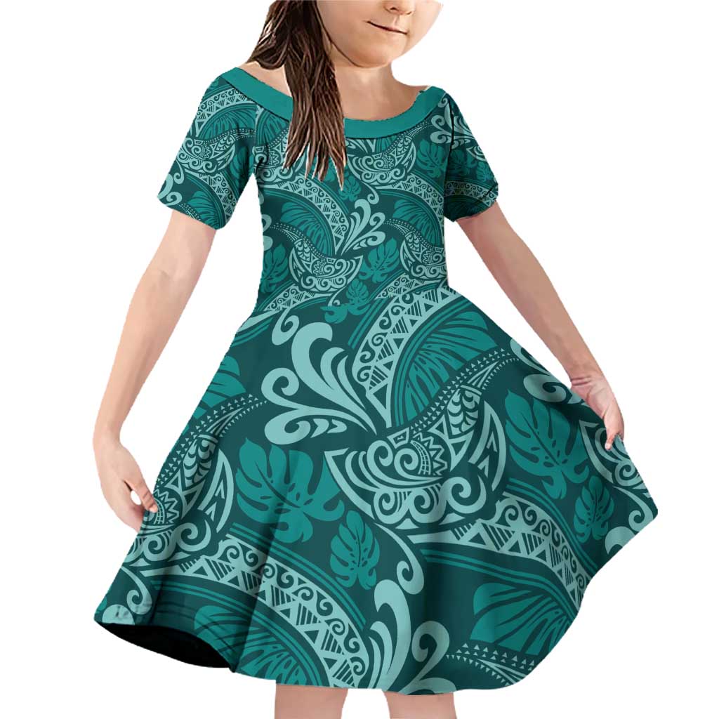 Teal Monstera Family Matching Off Shoulder Short Dress and Hawaiian Shirt Polynesian Tribal Pattern LT01 Daughter's Dress Teal - Polynesian Pride