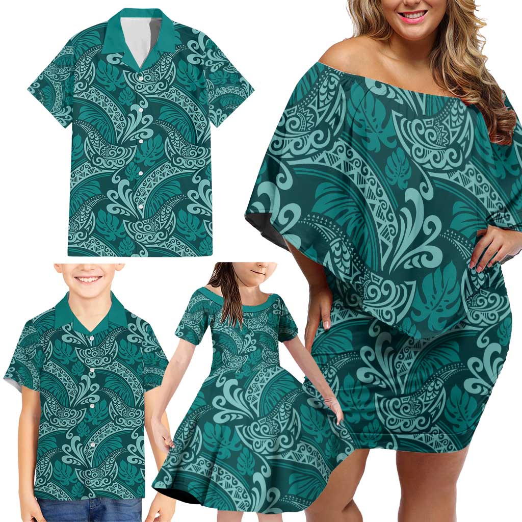 Teal Monstera Family Matching Off Shoulder Short Dress and Hawaiian Shirt Polynesian Tribal Pattern LT01 - Polynesian Pride