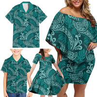 Teal Monstera Family Matching Off Shoulder Short Dress and Hawaiian Shirt Polynesian Tribal Pattern LT01 - Polynesian Pride