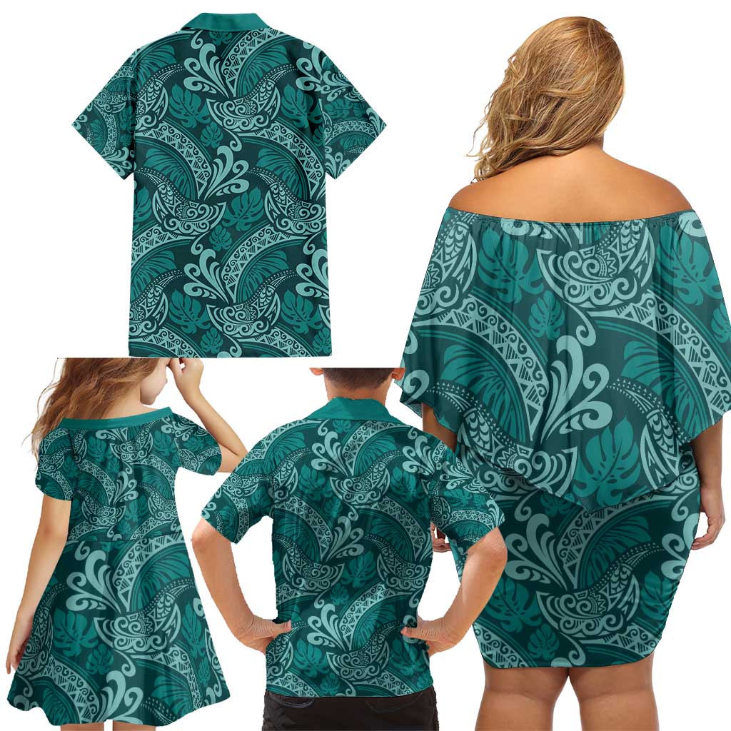 Teal Monstera Family Matching Off Shoulder Short Dress and Hawaiian Shirt Polynesian Tribal Pattern LT01 - Polynesian Pride