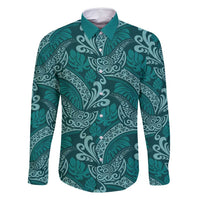 Teal Monstera Family Matching Off Shoulder Short Dress and Hawaiian Shirt Polynesian Tribal Pattern LT01 Dad's Shirt - Long Sleeve Teal - Polynesian Pride