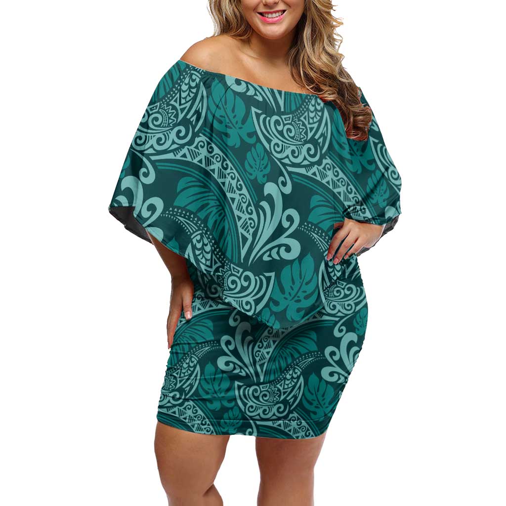 Teal Monstera Family Matching Off Shoulder Short Dress and Hawaiian Shirt Polynesian Tribal Pattern LT01 Mom's Dress Teal - Polynesian Pride
