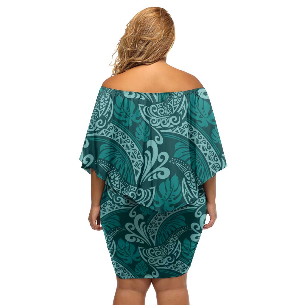 Teal Monstera Family Matching Off Shoulder Short Dress and Hawaiian Shirt Polynesian Tribal Pattern LT01 - Polynesian Pride