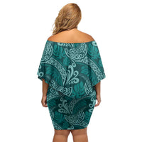 Teal Monstera Family Matching Off Shoulder Short Dress and Hawaiian Shirt Polynesian Tribal Pattern LT01 - Polynesian Pride