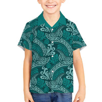 Teal Monstera Family Matching Off Shoulder Short Dress and Hawaiian Shirt Polynesian Tribal Pattern LT01 Son's Shirt Teal - Polynesian Pride