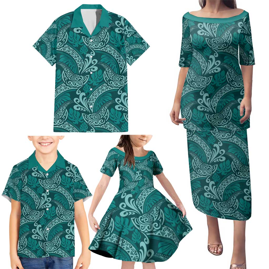 Teal Monstera Family Matching Puletasi and Hawaiian Shirt Polynesian Tribal Pattern LT01 - Polynesian Pride