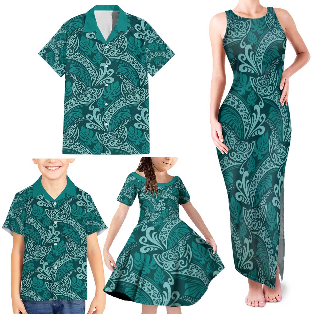 Teal Monstera Family Matching Tank Maxi Dress and Hawaiian Shirt Polynesian Tribal Pattern LT01 - Polynesian Pride