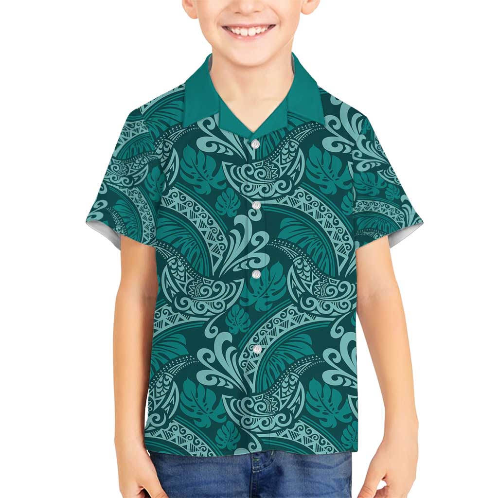 Teal Monstera Family Matching Tank Maxi Dress and Hawaiian Shirt Polynesian Tribal Pattern LT01 Son's Shirt Teal - Polynesian Pride