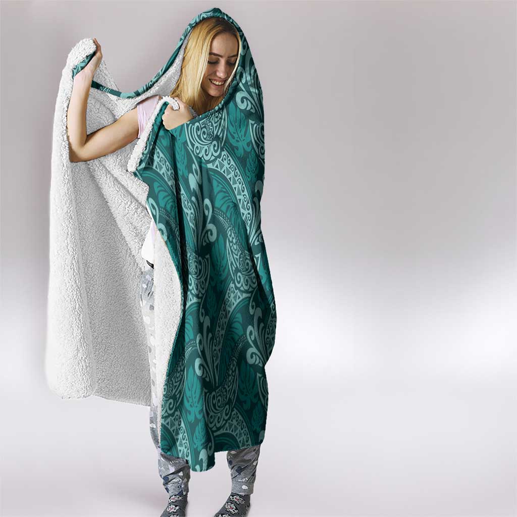 Teal Monstera Hooded Blanket Polynesian Tribal Pattern - Polynesian Pride