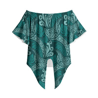 Teal Monstera Off Shoulder Wrap Waist Top Polynesian Tribal Pattern LT01 Teal - Polynesian Pride