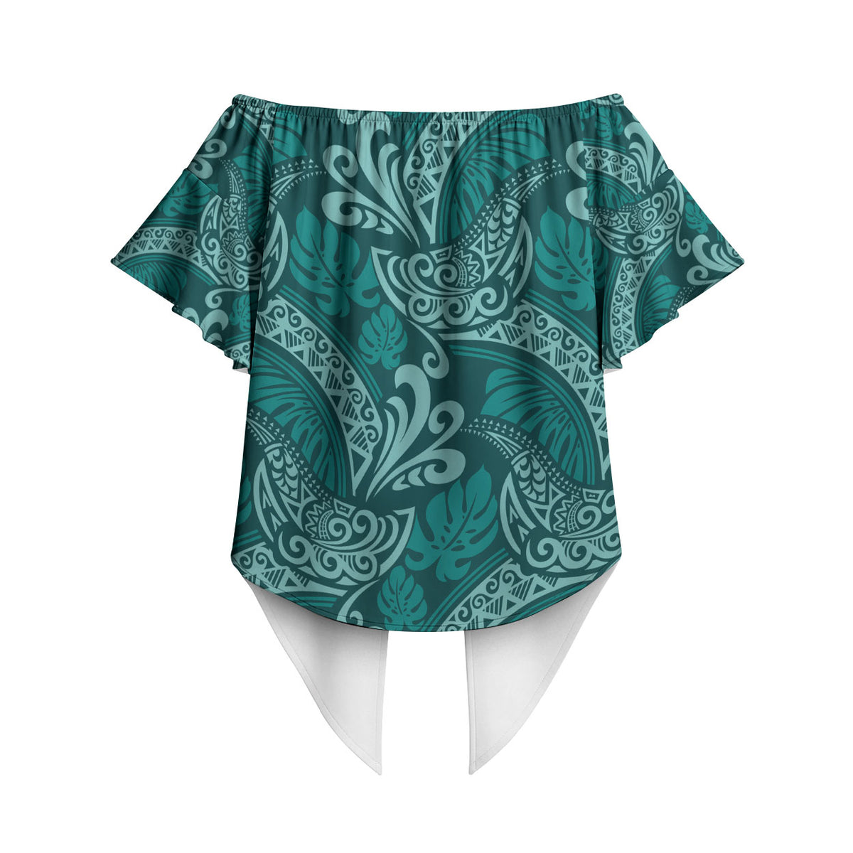 Teal Monstera Off Shoulder Wrap Waist Top Polynesian Tribal Pattern LT01 - Polynesian Pride
