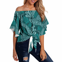 Teal Monstera Off Shoulder Wrap Waist Top Polynesian Tribal Pattern LT01 - Polynesian Pride