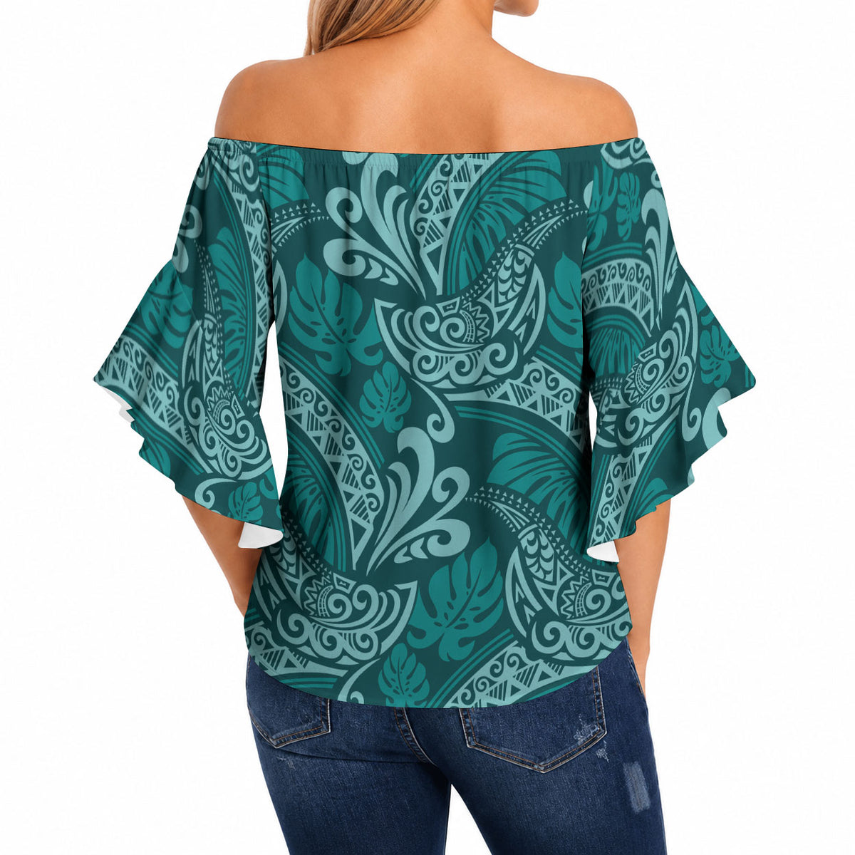 Teal Monstera Off Shoulder Wrap Waist Top Polynesian Tribal Pattern LT01 - Polynesian Pride