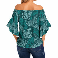 Teal Monstera Off Shoulder Wrap Waist Top Polynesian Tribal Pattern LT01 - Polynesian Pride