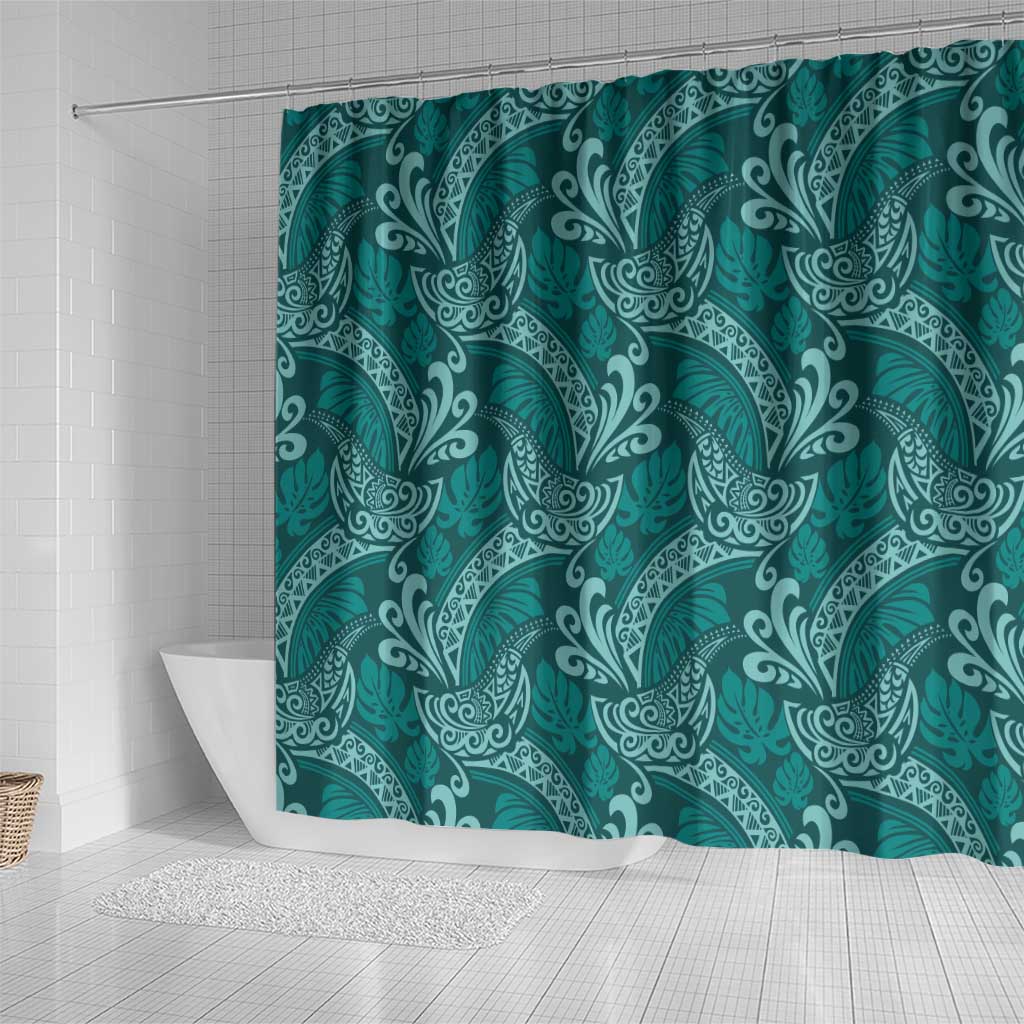 Teal Monstera Shower Curtain Polynesian Tribal Pattern - Polynesian Pride