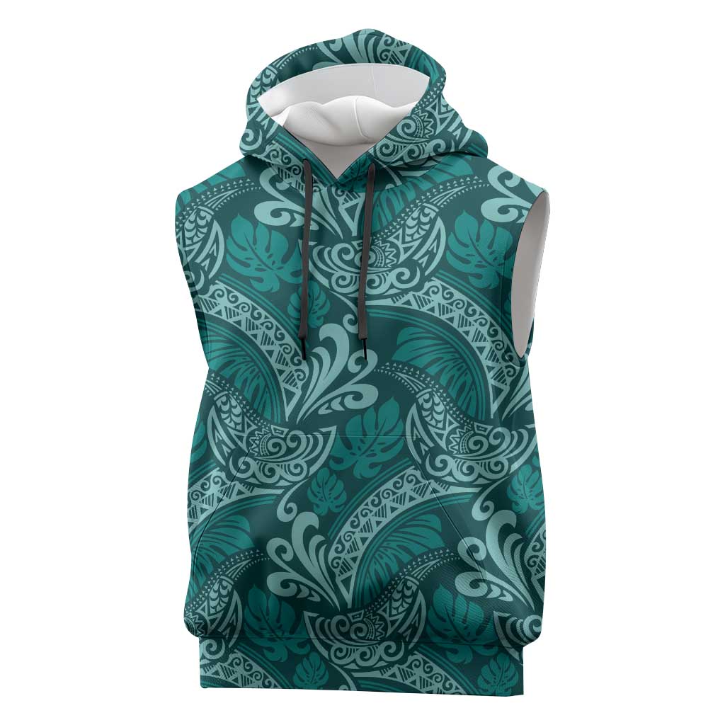 Teal Monstera Sleeveless Hoodie Polynesian Tribal Pattern LT01 Teal - Polynesian Pride