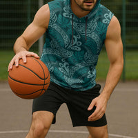 Teal Monstera Sleeveless Hoodie Polynesian Tribal Pattern - Polynesian Pride