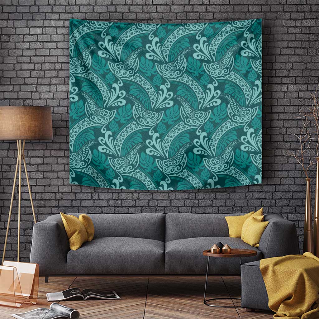 Teal Monstera Tapestry Polynesian Tribal Pattern - Polynesian Pride
