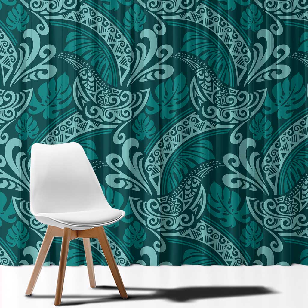 Teal Monstera Window Curtain Polynesian Tribal Pattern - Polynesian Pride