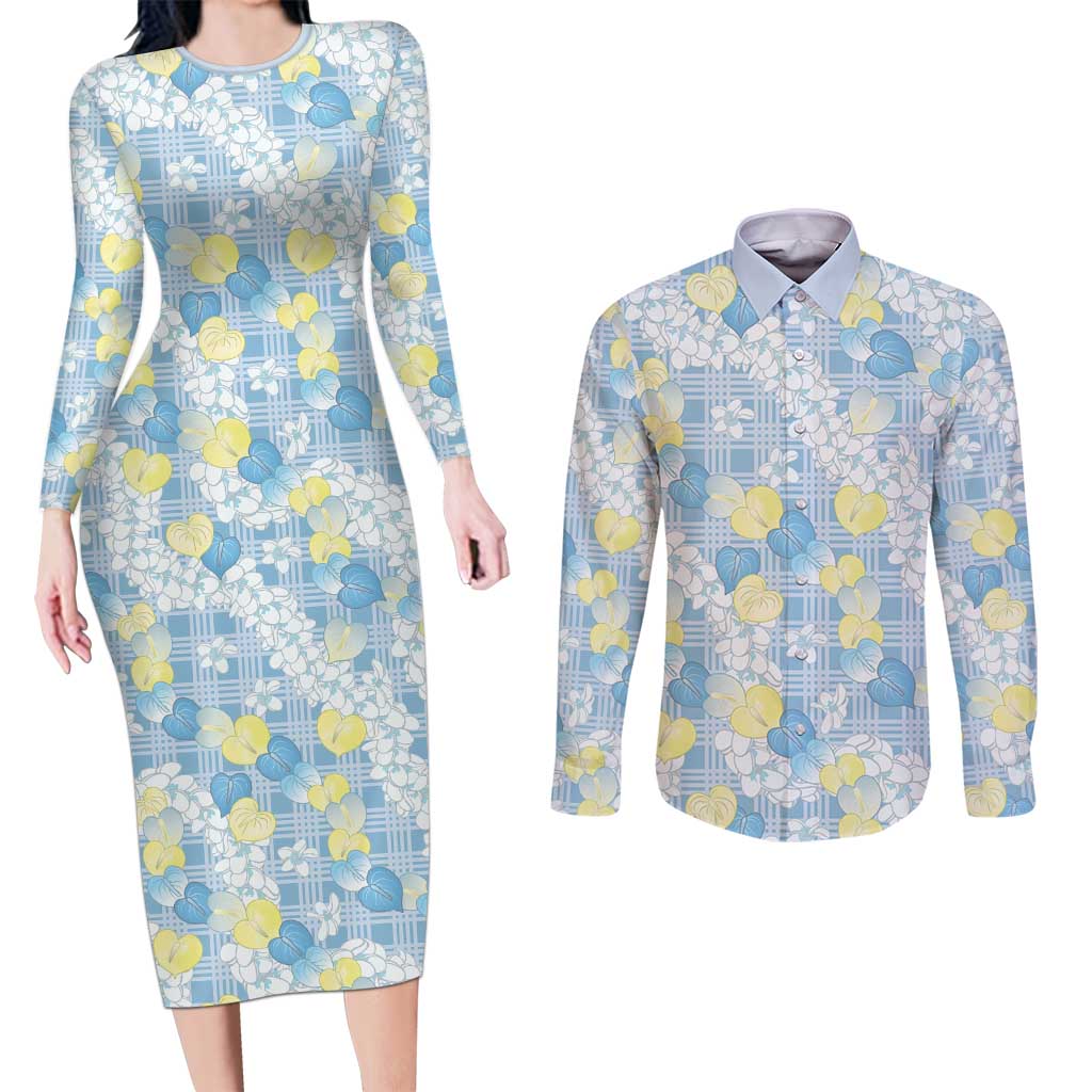 Anthurium Plumeria Lei Pastel Couples Matching Long Sleeve Bodycon Dress and Long Sleeve Button Shirt Blue Hawaiian Splendid Palaka LT01 Blue - Polynesian Pride