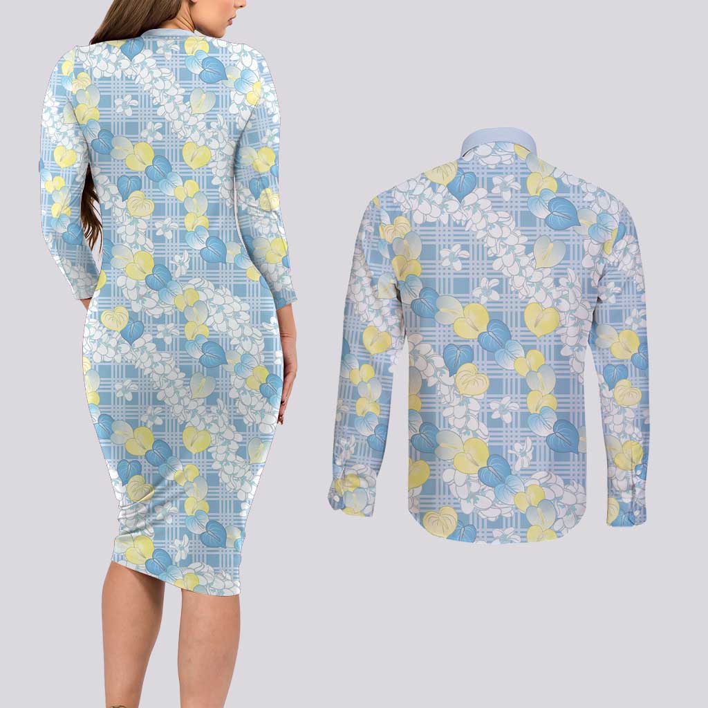 Anthurium Plumeria Lei Pastel Couples Matching Long Sleeve Bodycon Dress and Long Sleeve Button Shirt Blue Hawaiian Splendid Palaka LT01 - Polynesian Pride