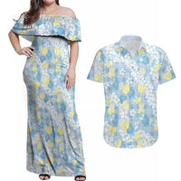 Anthurium Plumeria Lei Pastel Couples Matching Off Shoulder Maxi Dress and Hawaiian Shirt Blue Hawaiian Splendid Palaka LT01 Blue - Polynesian Pride