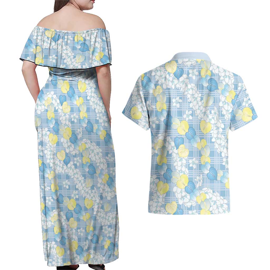 Anthurium Plumeria Lei Pastel Couples Matching Off Shoulder Maxi Dress and Hawaiian Shirt Blue Hawaiian Splendid Palaka LT01 - Polynesian Pride