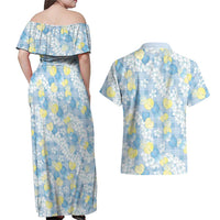 Anthurium Plumeria Lei Pastel Couples Matching Off Shoulder Maxi Dress and Hawaiian Shirt Blue Hawaiian Splendid Palaka LT01 - Polynesian Pride